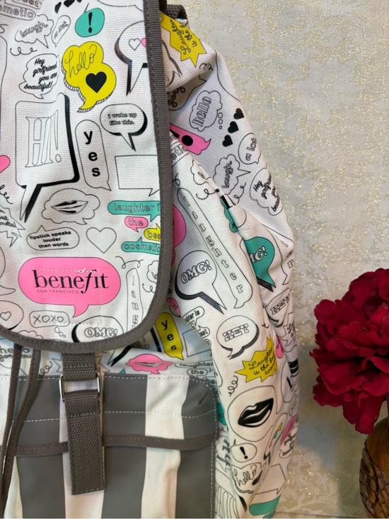 Benefit White Canvas Graphic Backpack with Pink, Teal & Yellow Accents main image 6